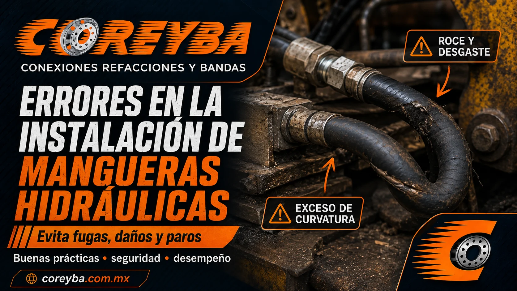 Errores de instalación de mangueras hidráulicas por curvatura y abrasión